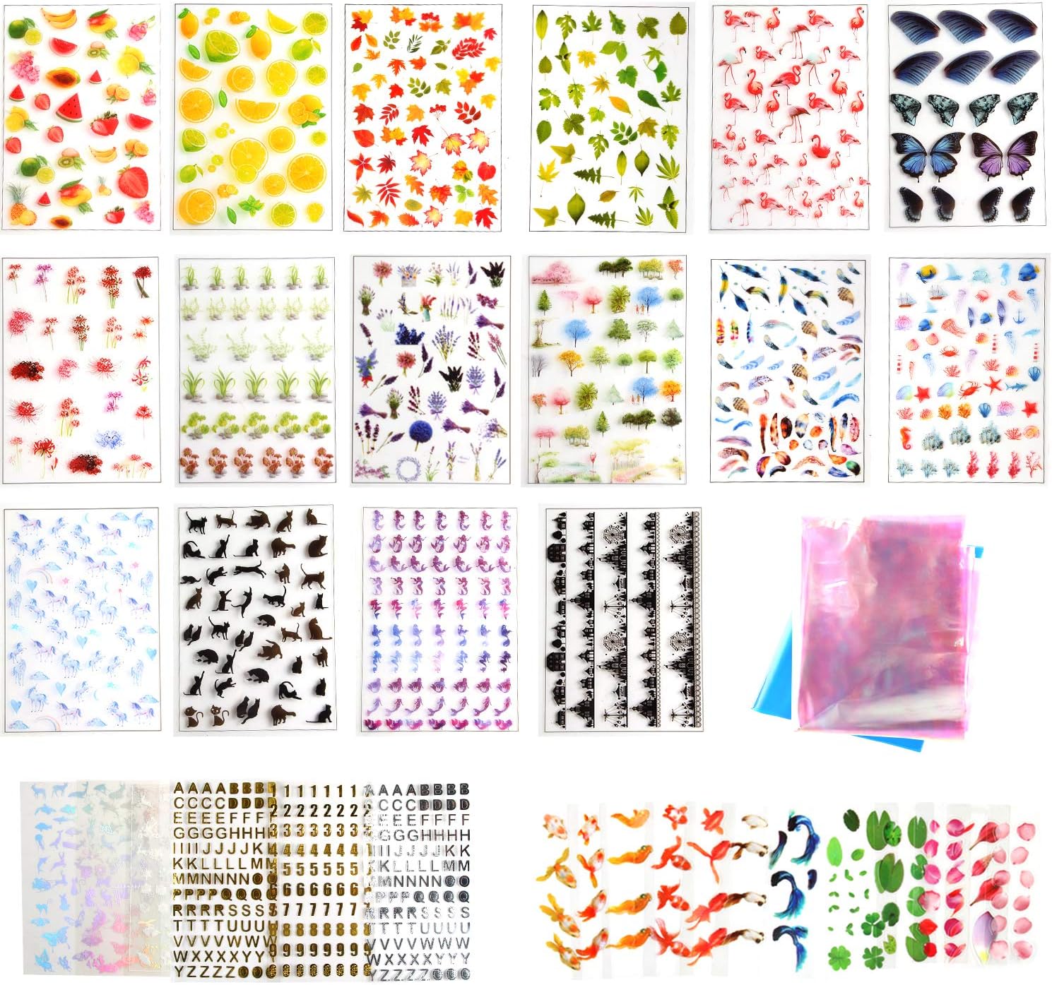 36 Sheets Resin Supplies Kit Resin Film Stickers Transparent Decorate Stickers for Silicone Resin Molds, Resin Inclusion with Holographic Clear Film 3D Goldfish Koi, Filling Materials for Resin Craft