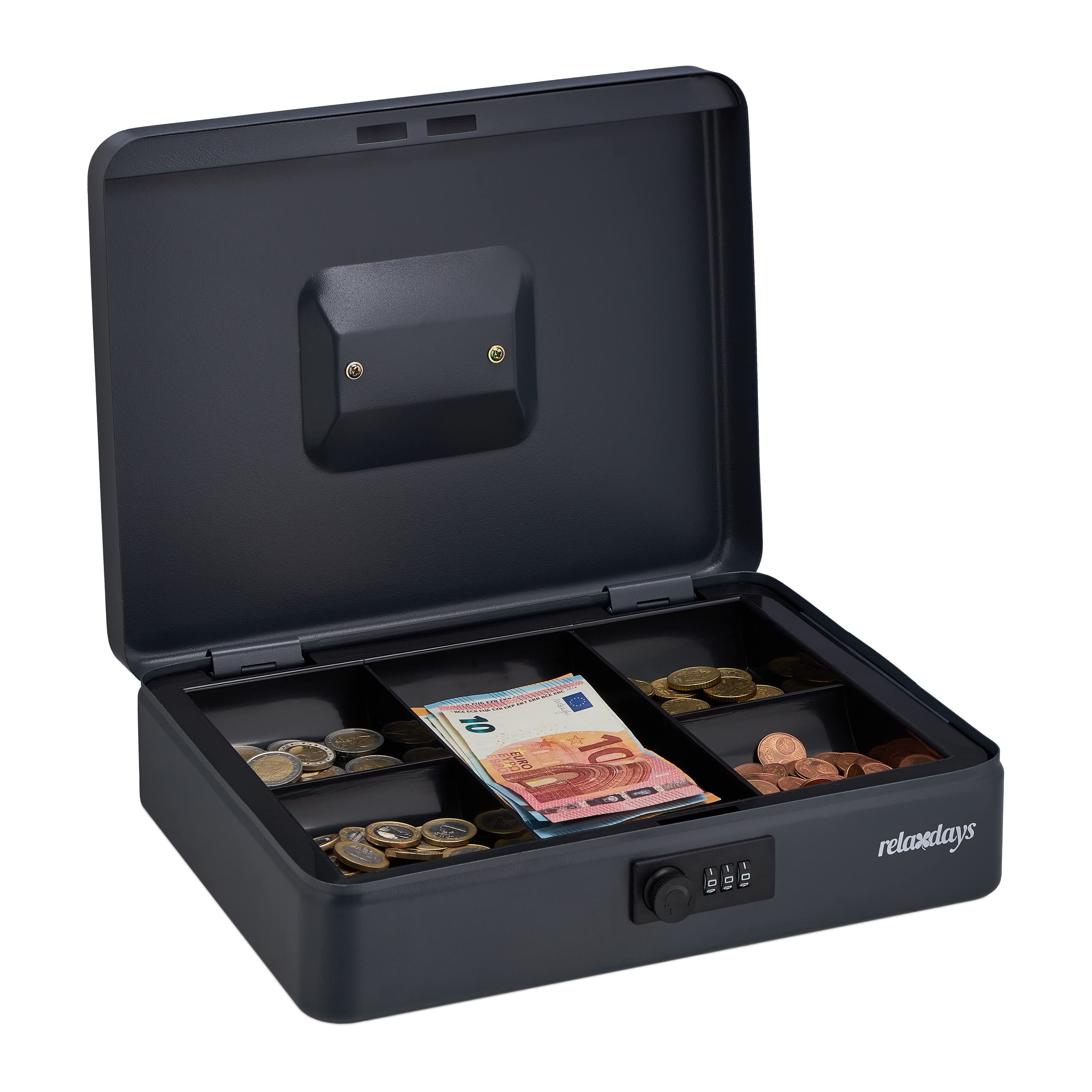 Relaxdays Cash Box, 3-Digit Combination, Steel, Cash Box for Coins, Notes, HBT 8.5 x 30.5 x 25 cm, Grey