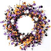 WSTPUPU Halloweeen Wreath with White Skull 22 Inch Halloween Wreaths for Front Door with Black Eucalyptus Leaves White Skull Orange Berries for Window Porch Indoor Party Holiday Wall Home