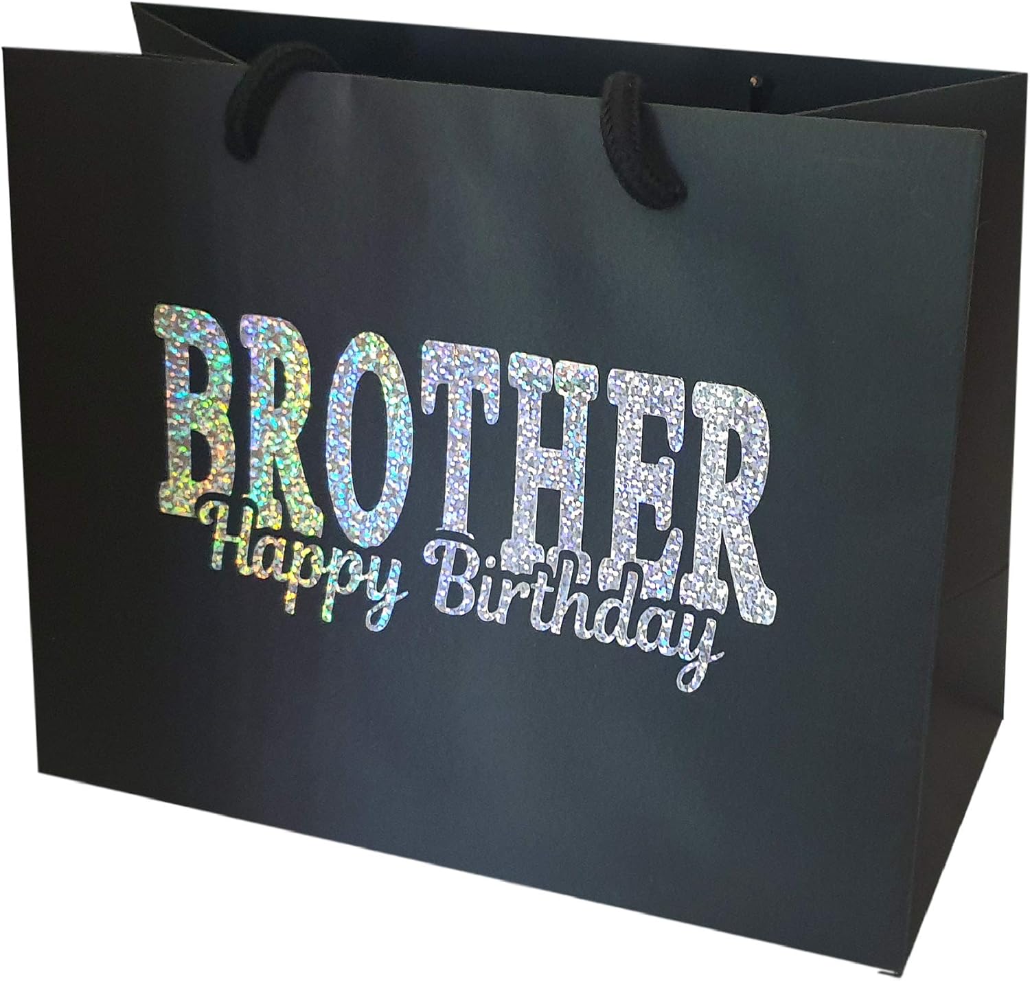 Brother Happy Birthday Gift Bag - Holographic Glitter Gift Bag with Rope Handles and Tissue Paper - Brother Birthday Ideas (Large)