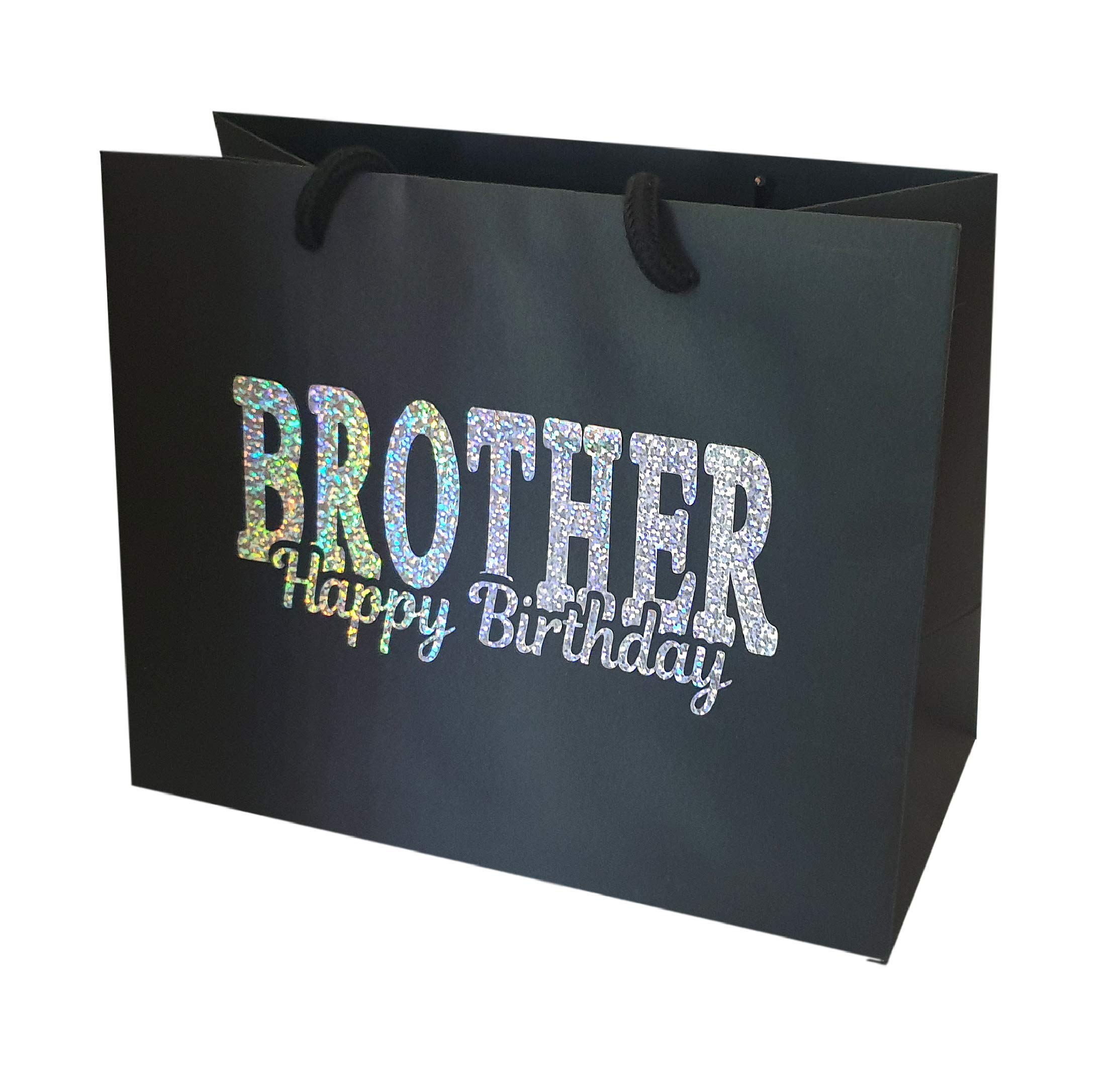 Brother Happy Birthday Gift Bag - Holographic Glitter Gift Bag with Rope Handles and Tissue Paper - Brother Birthday Ideas (Large)