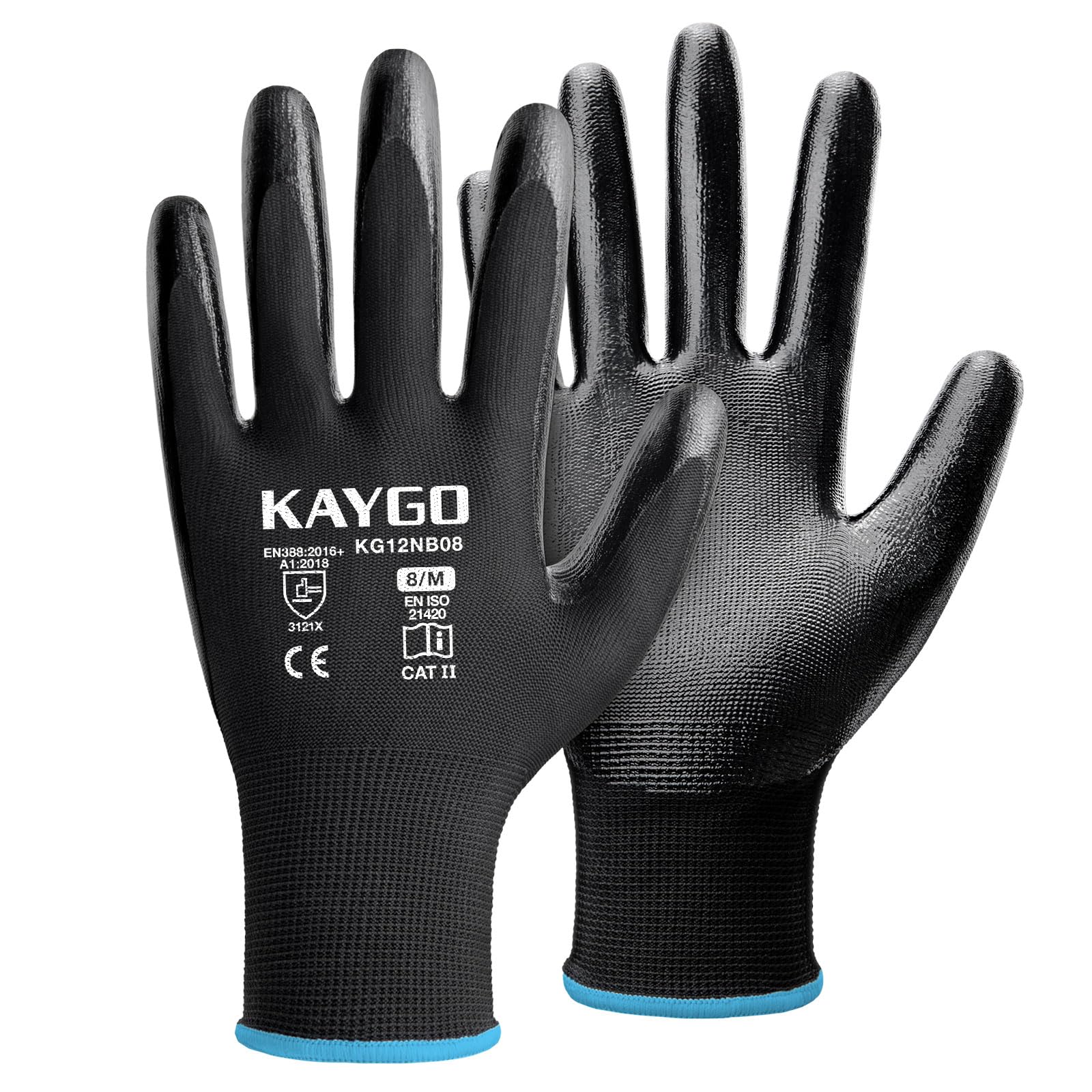 KAYGO Safety Work Gloves Nitrile Coated, Good Grip and Dexterity, 12 Pairs General Purpose Durable Working Gloves for Men and Women, Ideal for Construction Warehouse Automotive DIY, KG12N (Black, M) — image 1