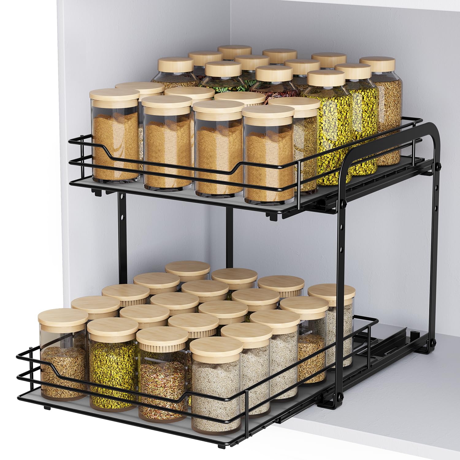 AIRUJIA Pull Out Cabinet Organizer - Height Adjustable 2-Tier Spice Rack, Heavy Duty Metal, Kitchen Storage Shelf - L10.4*W9*H9inch