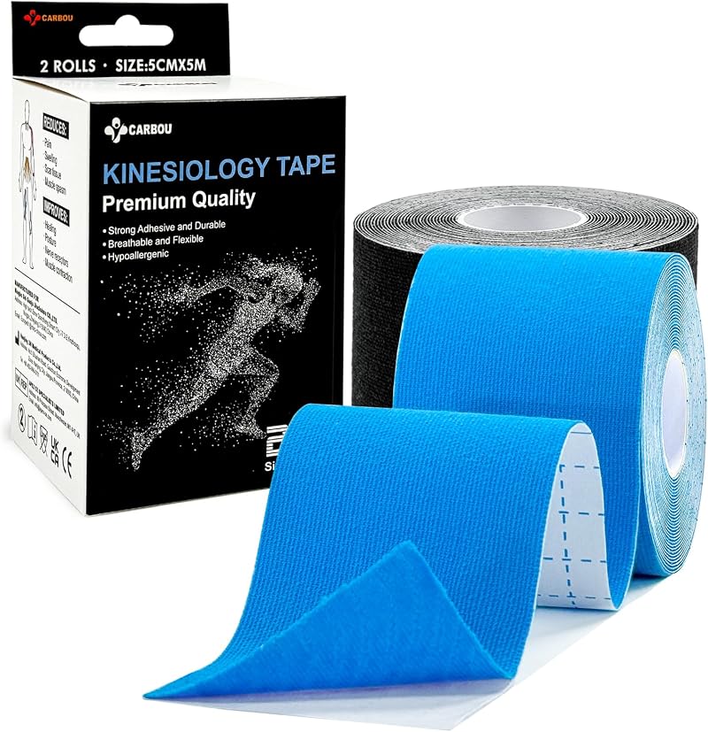 CARBOU Kinesiology Tape 5cm x 5m 2 Rolls Water Resistant Blue Black
