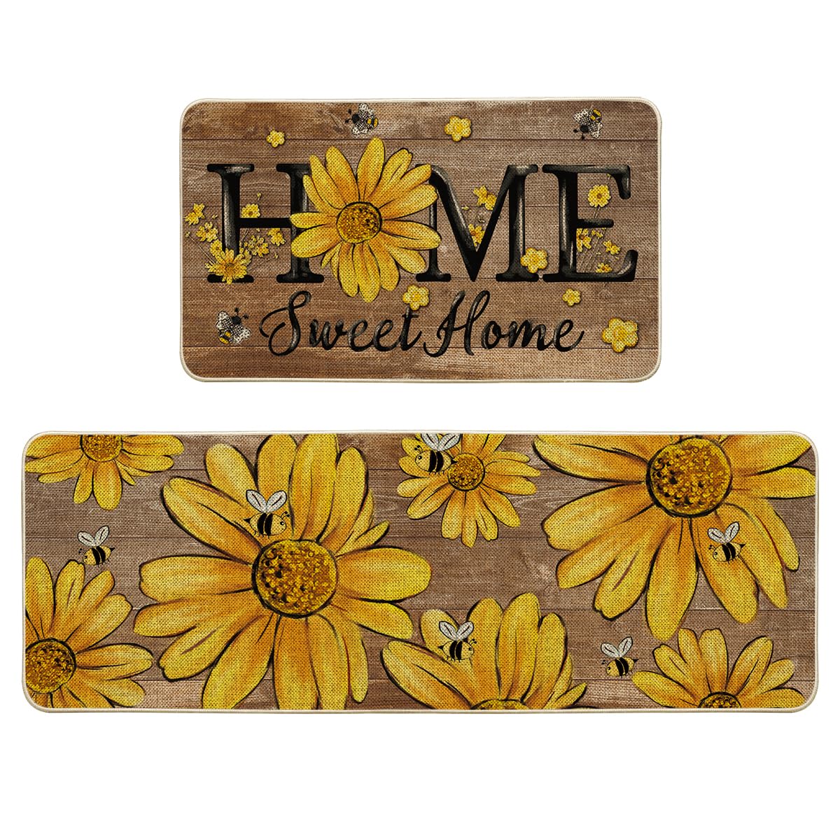 Photo 1 of Artoid Mode Wood Bee Sunflower Daisy Home Spring Kitchen Mats Set of 2, Summer Home Decor Low-Profile Kitchen Rugs for Floor - 17x29 and 17x47 Inch