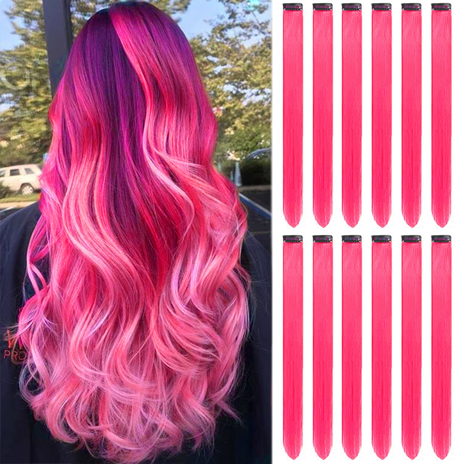 Photo 1 of 12 PCS Hot Pink Hair Extensions Clip in, Colored Party Highlights Extension for Kids Girls Synthetic Hairpiece Straight 22 inch