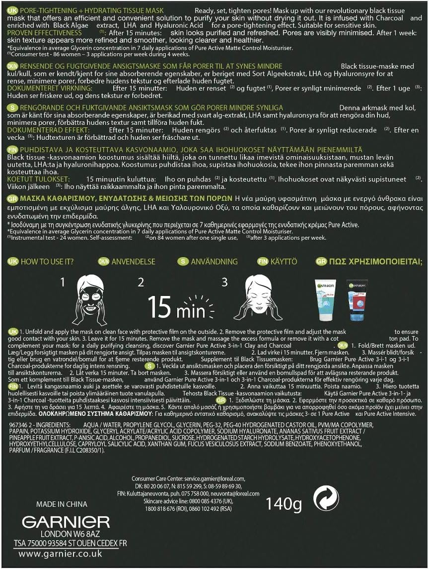 Garnier Charcoal and Algae Purifying Tissue Mask, Hydrating Tissue Face Sheet Mask for Enlarged Pores Pack of 5 - Image 3