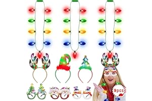 BLOWATA 9PCS Christmas Party Favors, Light Up Christmas Necklace Headband Glasses Set, Xmas Bulb Necklace Antler Tree Lights Holiday Headbands LED Flashing Glow Santa Eyeglasses Bulk for Christmas Gift