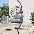 BULEXYARD Hanging Egg Swing Chair with Stand Indoor Outdoor 350lbs Capacity, Grey Wicker Hammock Egg Basket Chair with Light Grey Thickened Cushion for Bedroom Balcony Garden Porch Patio