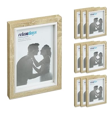 Bilderrahmen 10er Set, 10x15cm, Hoch- & Querformat, Rahmen zum Aufhängen, Hinstellen, Passepartout, braun/weiß