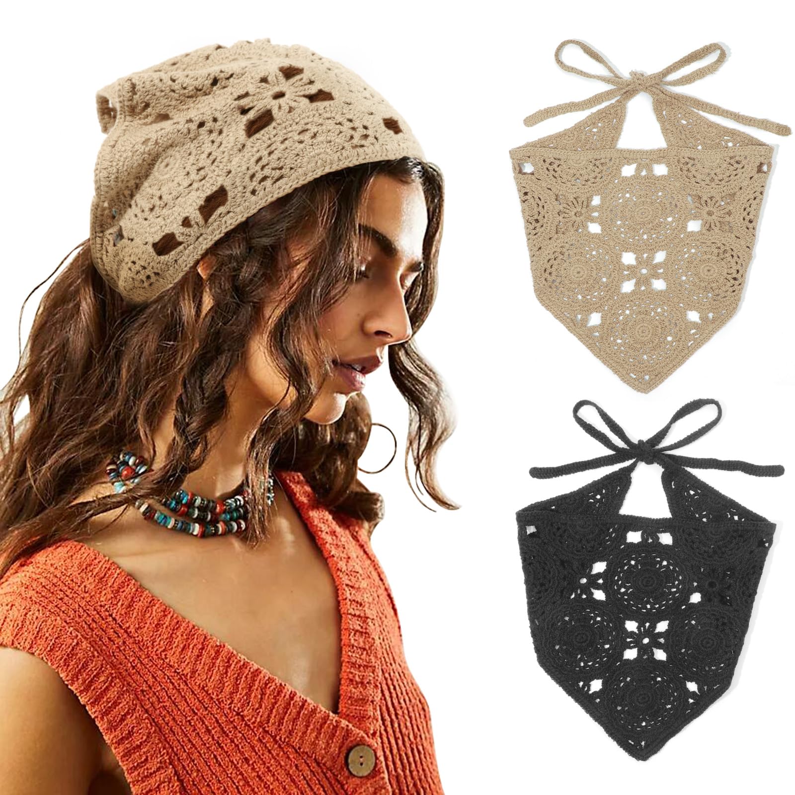 DRESHOW 2 PCS Crochet Hair Bandana Vintage Knotted Headscarf Strawberry Print Headband Knitted Head Kerchief for Women Girls — image 1