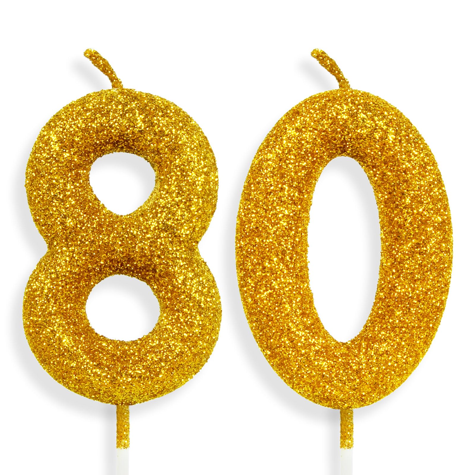 80th Glitter Birthday Candles, Gold Birthday Number Candle for Cake Topper Decorations for Girls Birthday Party Wedding Anniversary Celebration Supplies