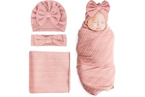 BQUBO Newborn Receiving Blanket Toddler Warm for Girls with Matching Bow Hat and Bow Headband Shower Gift