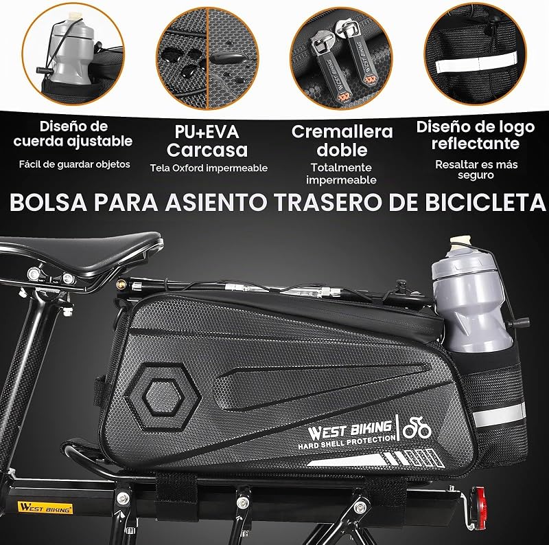 - Bolsa para portaequipajes de Bicicleta, 8,6 L, Doble Cremallera Resistente al Agua, alforja Posterior Impermeable, Bolsa de Carga con Correa y Funda para Lluvia, para Ciclismo