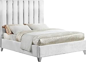 Meridian Furniture Enzo Collection Modern | Contemporary Velvet Upholstered Bed with Deep Channel Tufting and Chrome Accent Design, White, Queen