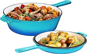Enameled 2-In-1 Cast Iron Multi-Cooker By Bruntmor – Heavy Duty 3 Quart Skillet and Lid Set, Versatile Healthy Design, Non-Stick Kitchen Cookware, Caribbean