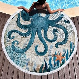 IcosaMro Round Beach Towel Octopus Microfiber Beach Blanket Blue Ocean Sea Large Roundie Lightweight Beach Towel for Kids Women Men Boy Girl, 59 Inches, Blue
