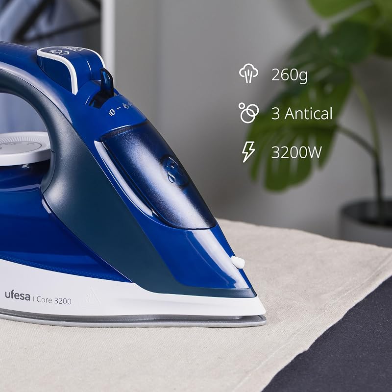 Ferro a vapor Core 3200W, Steam Shot 260g, Vapor Contínuo 50g/min, Sola Cerâmica, Sistema Anti-cal 3 em 1, À prova de gotejamento, Tanque de 350ml, Cabo de 1,9m, Azul