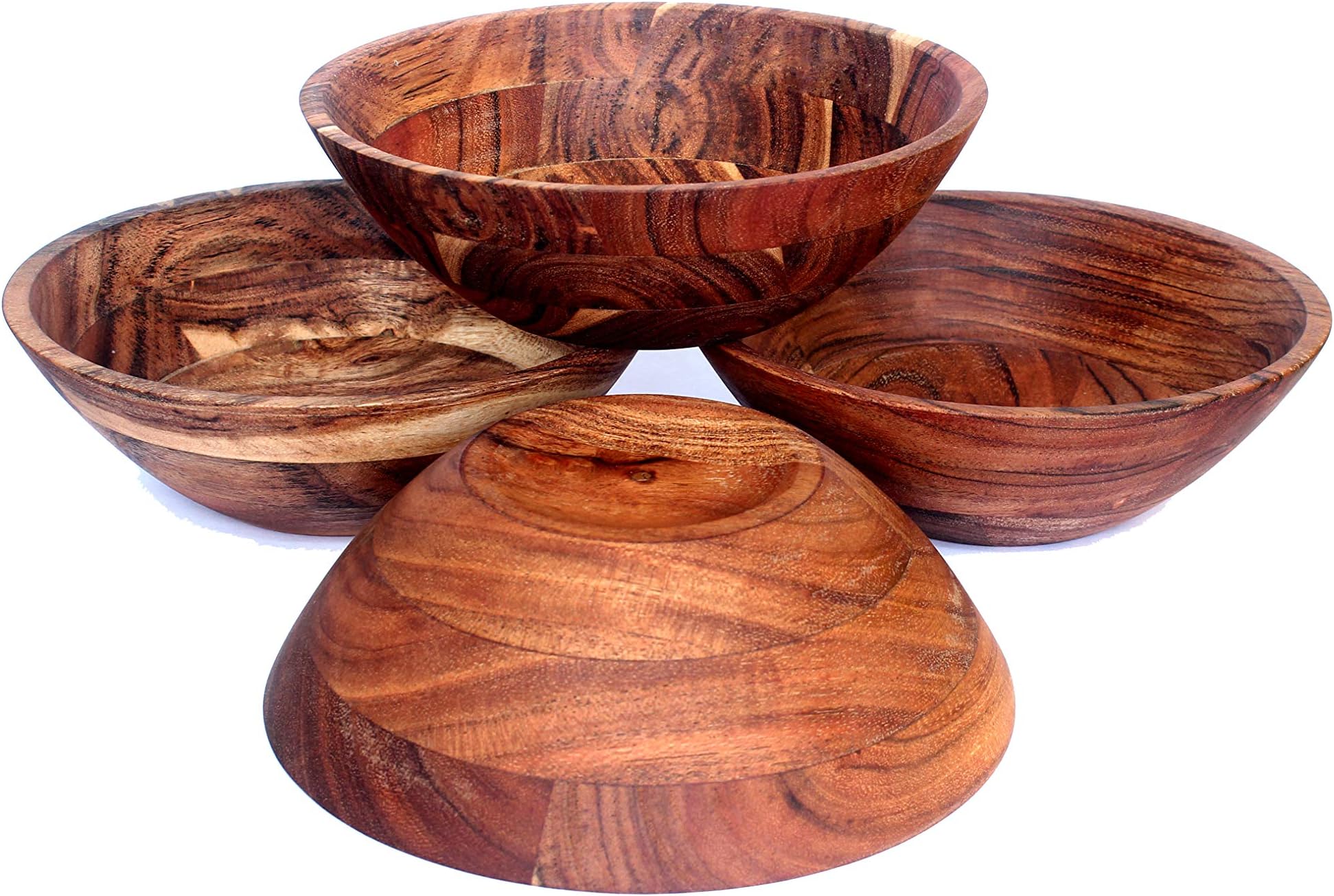 Kaizen Casa 7-Inch Acacia Wooden Salad Bowls, 4 Acacia Wood Bowl Set for Cereal Fruit Pasta,Hardwood Serving Bowl