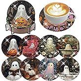 8 Pcs Halloween Diamond Art Coasters Kits for Adults (Cork Wooden Pad) | Halloween Diamond Painting Coasters Kit with Holder, DIY Ghost Diamonds Art Non Slip Coaster Crafts Kits Gifts 4x4 inch