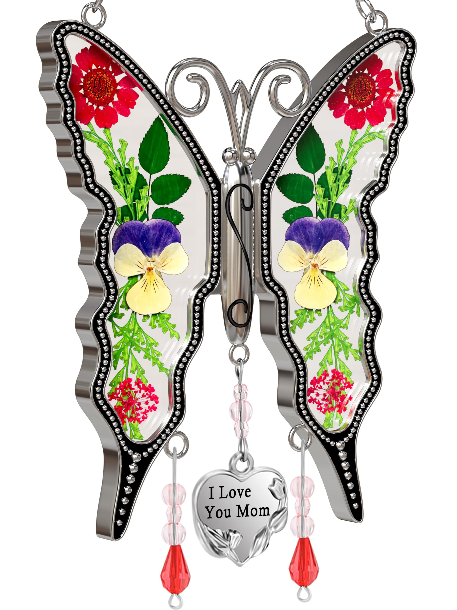 KY&BOSAM Suncatcher Butterfly, Mother`s Day Mom Gifts, I Love You Mom-Stained Glass Sun Catcher Hanging Wind Chime Ornament for Window Gift Mom Mother`s Day, Valentine’s Day, Birthday
