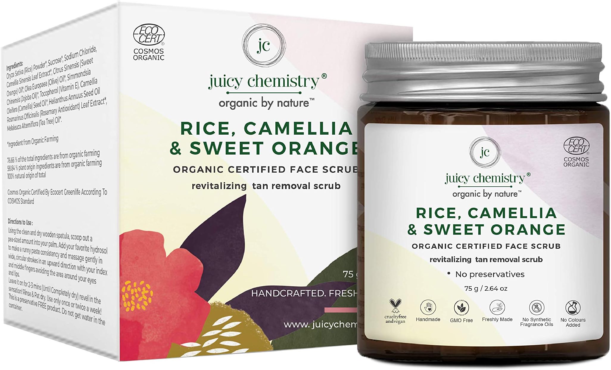 Juicy Chemistry Rice, Camellia & Sweet Orange Organic Face Scrub Revitalizing Tan Removal Scrub, 75 Gm