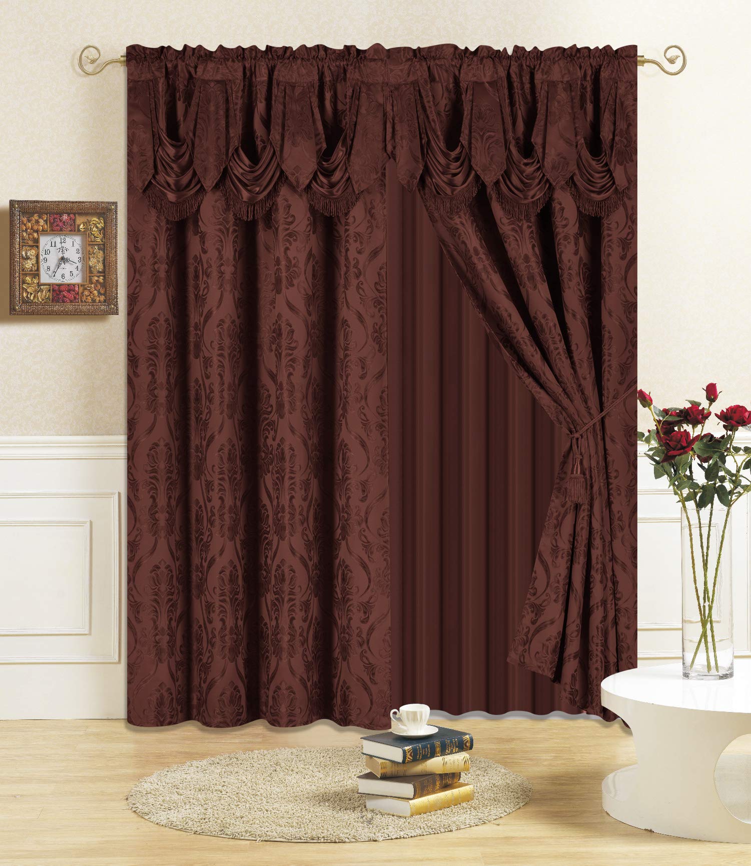 All American Collection New 4 Piece Drape Set with Attached Valance and Sheer with 2 Tie Backs Included (63" Length, Coffee)
