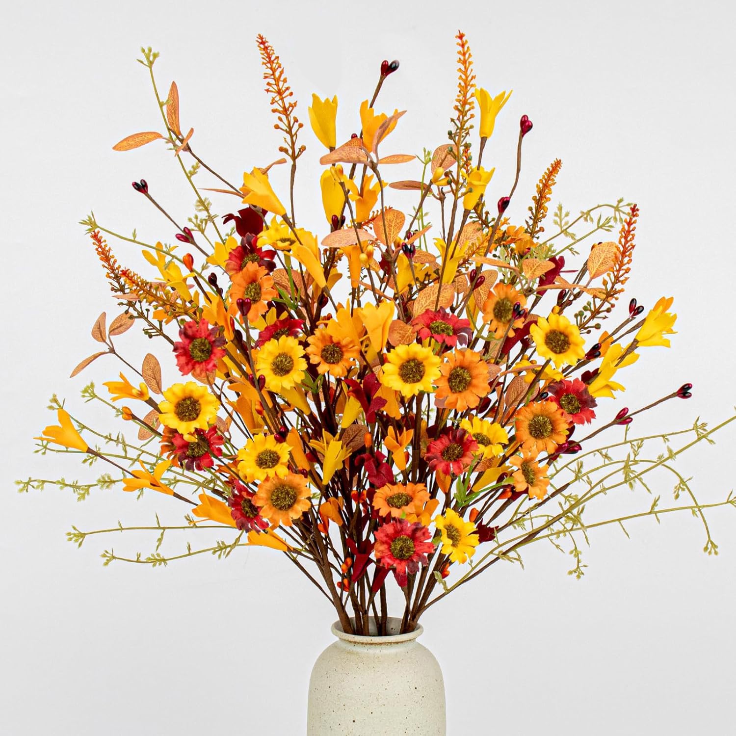 Photo 1 of 12 PCs Artificial Fall Flowers 17 Inches Vintage Autumn Stems Rustic Fall Floral Picks with Orange Forsythia Daisy Flowers Wildflower Stems for Farmhouse Indoor Vase Table Centerpieces Decor