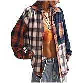 SOLY HUX Women's Plaid Shirt Color Block Button Down Long Sleeve Collared Oversized Blouse Fall Tops
