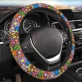 Hippie Flower Floral Retro Steering Wheel Cover For Women Men Girls Car Accessories Decor Anti-Slip Neoprene Auto Steering Wheel Covers Protector Universal 15 Inch
