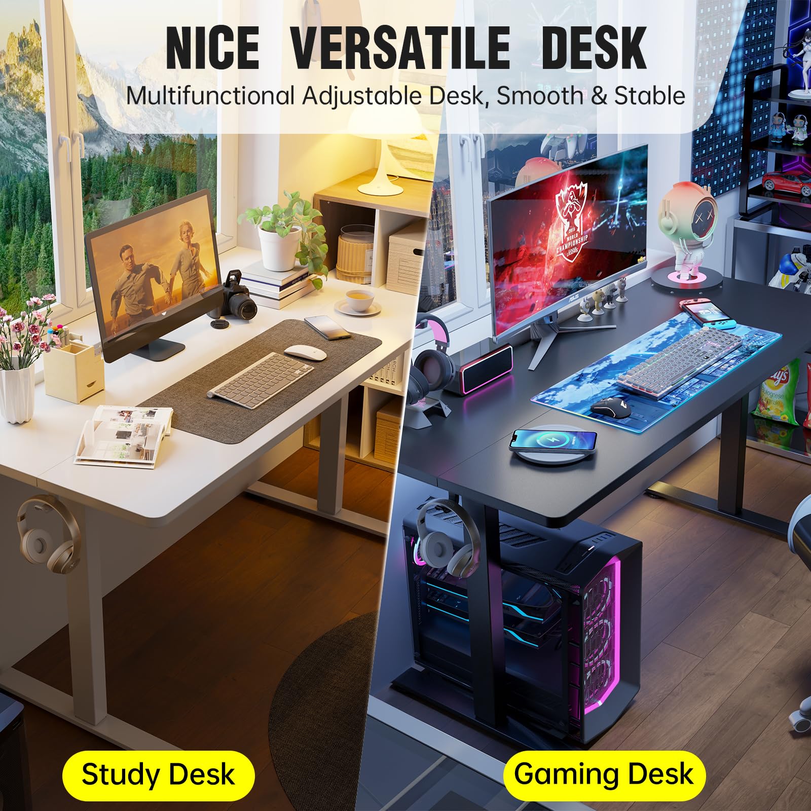 Veken 55 Inch Large Electric Standing Desk,Sit to Stand Up, Heights Adjustable, Work Home Office Computer Table for Study, Walking Pad, Writing, and Games, Wooden Desktop Desks, White