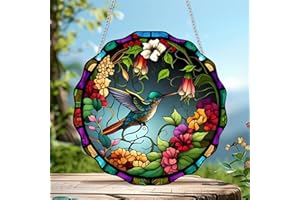WOHAHA Hummingbird Flowers Stained Acrylic Window Hanging Panels Indoor Outdoor Round Windows Hanger Kitchen Bedroom Garden Wall Art Decor Gifts for Women Mom Grandma Teacher