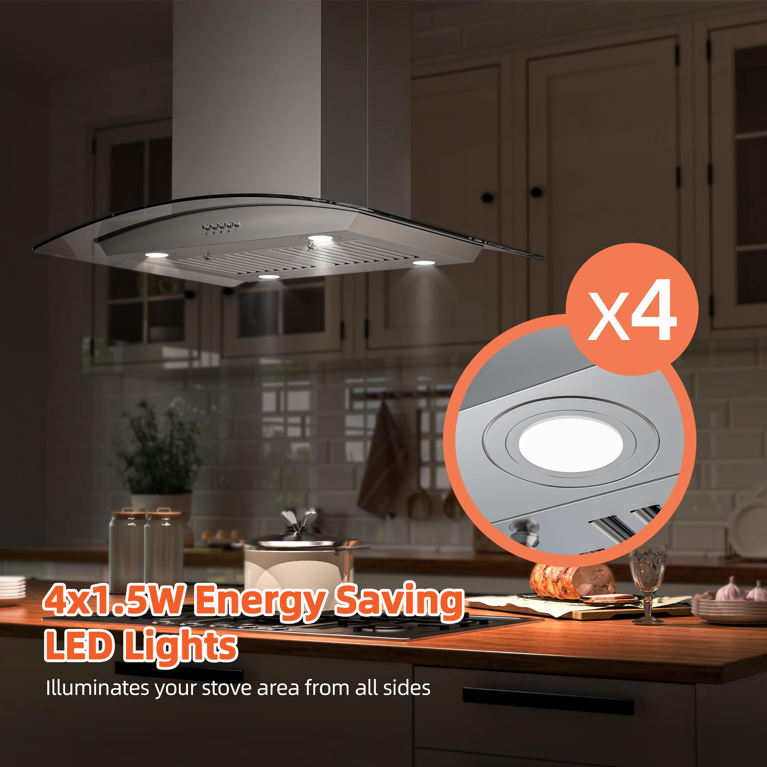 FIREGAS Island Range Hood 30 inch with 700 CFM, Ceiling Mount Kitchen Vent Hood Ducted/Ductless Convertible, Stainless steel stove hood with 3 speed fan, 4 lights, Tempered Glasss, Charcoal Filters