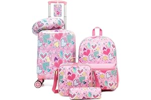 Esteemly Kid's Luggage Set 5 Piece Suitcase Set 16" Hardside Luggage with Spinner Wheels Girls Carry on Toddler Travel Rolling Suitcase with Neck Pillow Airline Approved