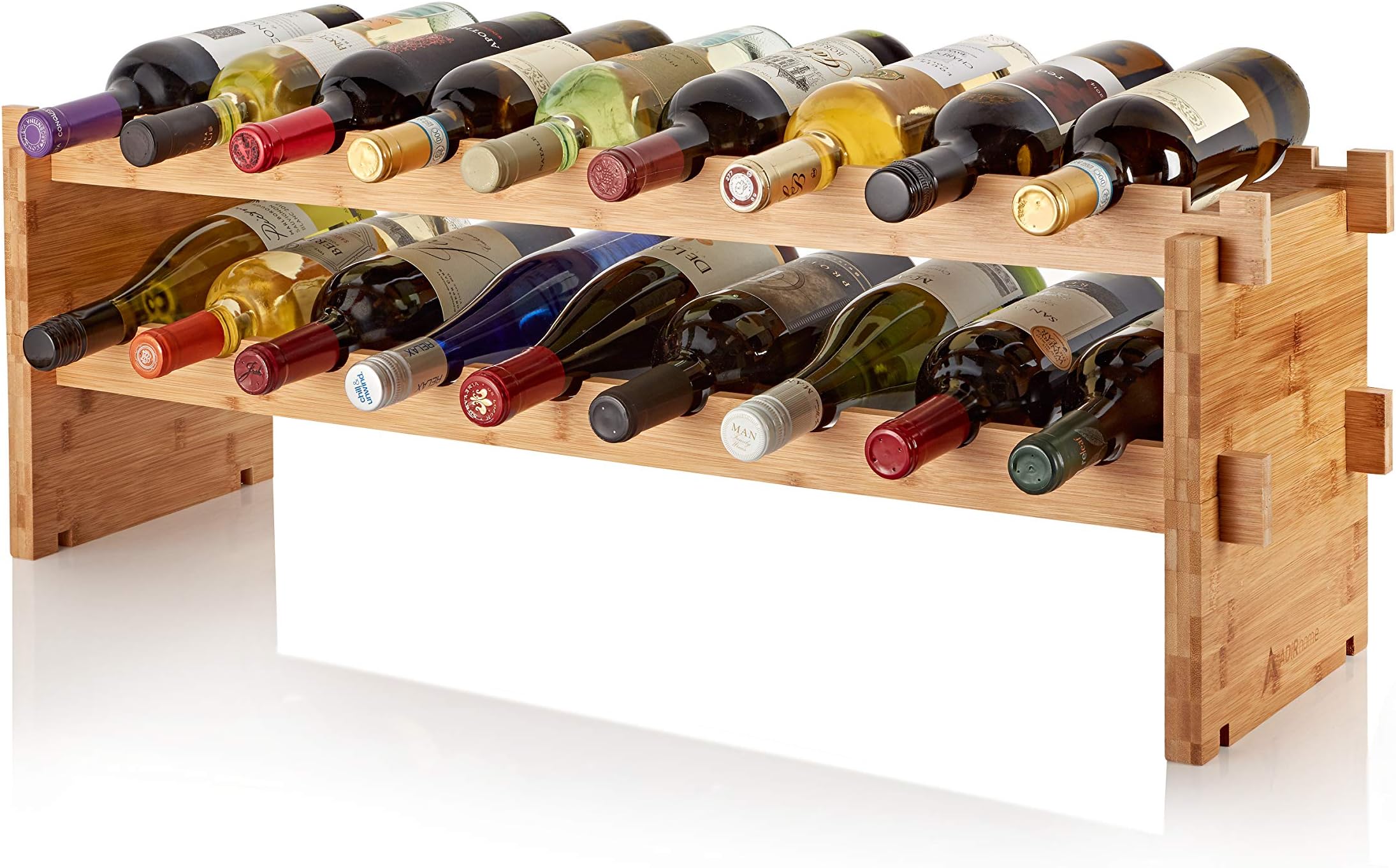 AdirHome Bamboo Wine Rack - Easy to Assemble 18 Stackable Bottle Storage Shelves Stand Display for Bar, Tabletop, Kitchen Counter, Natural Bamboo
