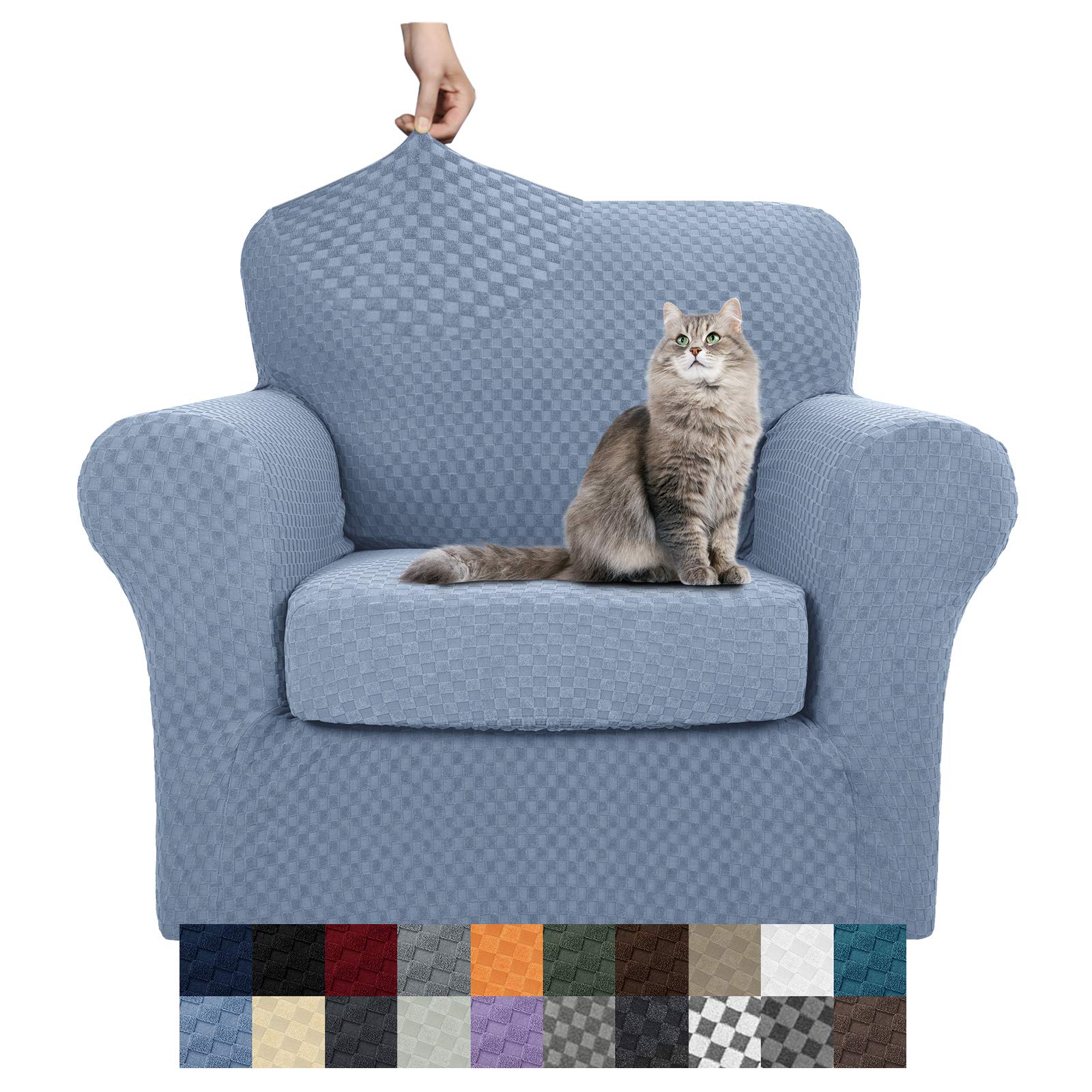 Photo 1 of YEMYHOM Latest Checkered 2 Pieces Chair Covers for Living Room High Stretch Thickened Chair Slipcovers with Arms Anti Slip Elastic Armchair Sofa Couch Protector (Light Blue), 31"-46"(1 Cushion)