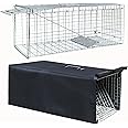 Live Feral Cat Trap Cage with Cover, Heavy Duty Folding Animal Traps Cage for Stray Cats, Humane Cat Trap for Raccoon, Squirrel, Skunk, Catch and Release - (32 x 10 x 12 inches, Trap Cage with Cover)