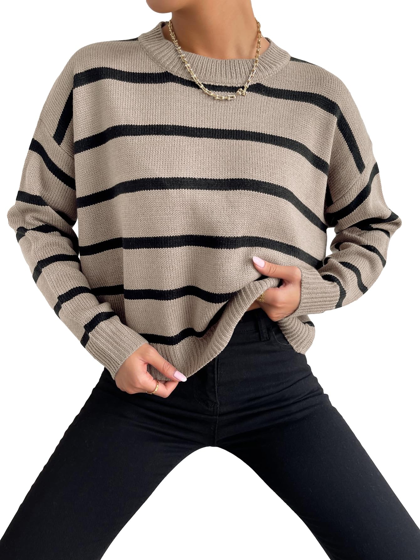Photo 1 of ***SIMILAR ITEM***
GORGLITTER Women's Striped Drop Shoulder Sweater Oversized Crew Neck Knit Sweaters Pullover Top Light Khaki Small