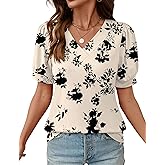 Rapbin Womens Summer Tops Puff Short Sleeve Shirts V Neck Blouses Business Casual Tunic Spring Fashion Clothes 2026