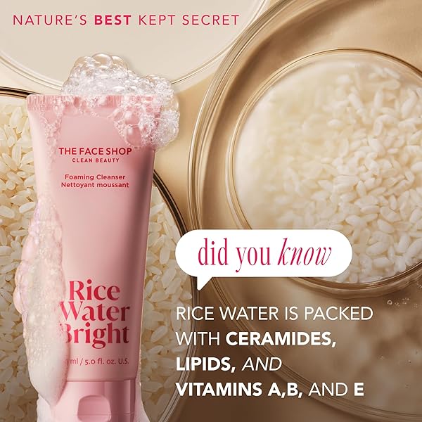 THE FACE SHOP RICE WATER BRIGHT FOAMING FACIAL CLEANSER WITH CERAMIDE, GENTLE FACE WASH FOR HYDRATING & MOISTURIZING, VEGAN FACE CLEANSER, MAKEUP REMOVER, KOREAN SKIN CARE FOR ALL SKIN TYPES, 150ML