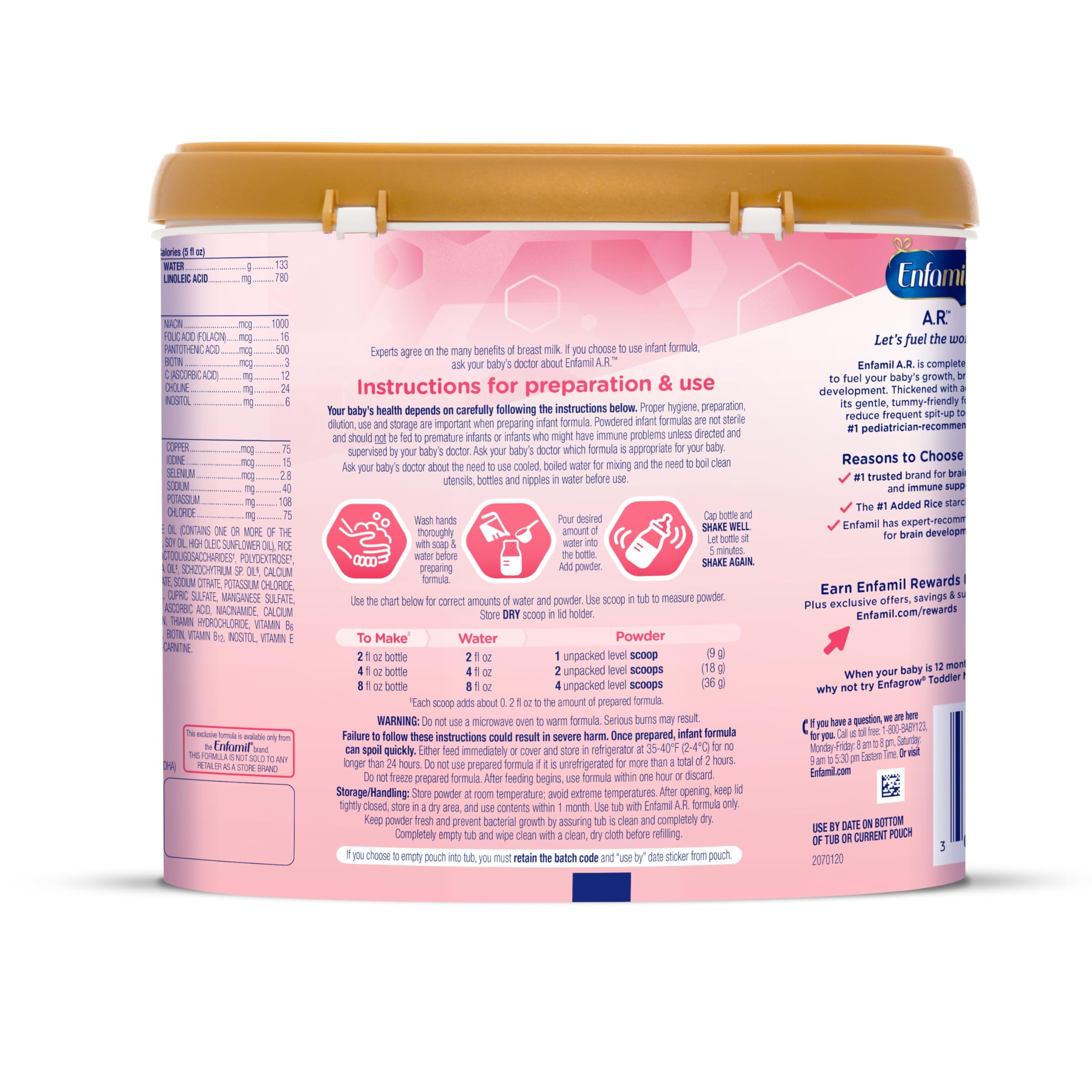 Enfamil A.R. Baby Formula, Added Rice Starch Formula to Reduce Reflux & Spit-Up, DHA for Brain Development, Probiotics to Support Digestive & Immune Health, Baby Milk, 19.5 Oz