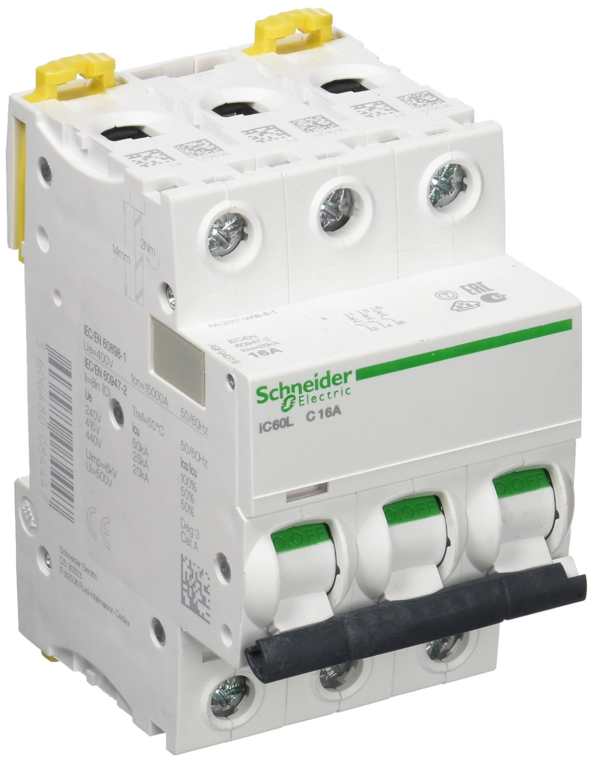 Schneider Electric a9 °F94316 ic60l Circuit Breaker, Acti9, Curvature C, 3P, 85 mm Height x 54 mm Width x 78.5 mm depth
