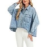 LifeShe Oversized Jean Jacket Women Lightweight Batwing Sleeve Denim Shacket Fall Shirt Trendy 2026