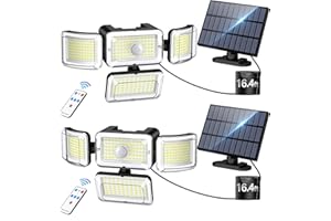 CLAONER Solar Outdoor Lights Motion Sensor 3500LM 288 LED Solar Security Lights with Remote Control IP67 Waterproof 4 Heads Solar Flood Lights with 16.4ft Cable 4 Modes Wall Lights(2 Pack)