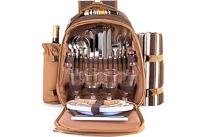 IVONNEY Picnic Backpack for 4 Person, Insulated Picnic Bag Set with Blanket, Cooler Compartment, Wine Bag - Outdoor Family Picnic Backpack Perfect for Beach, Hiking, Camping, Lovers Gifts (Brown)