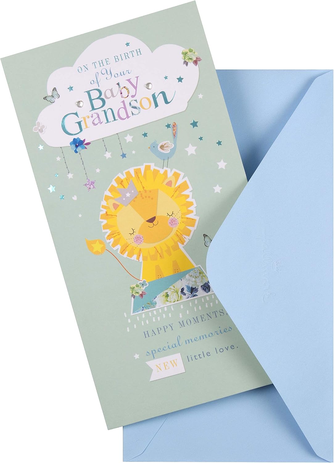 Hallmark New Grandson Birth Congratulations Card - Cute Lion Design with Blue Foil Details and Gem Attachments - Image 3