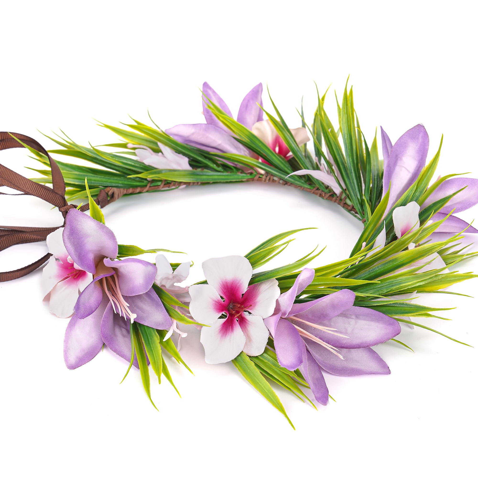 Photo 1 of KorViSHOW Hawaiian Leis Flower Headband - Hawaii Floral Headpiece Tropical Luau Flower Crown with Ribbon Lei Luau Dress Up Accessory Summer Beach Wedding Party Festival Photos (Purple, Pink)