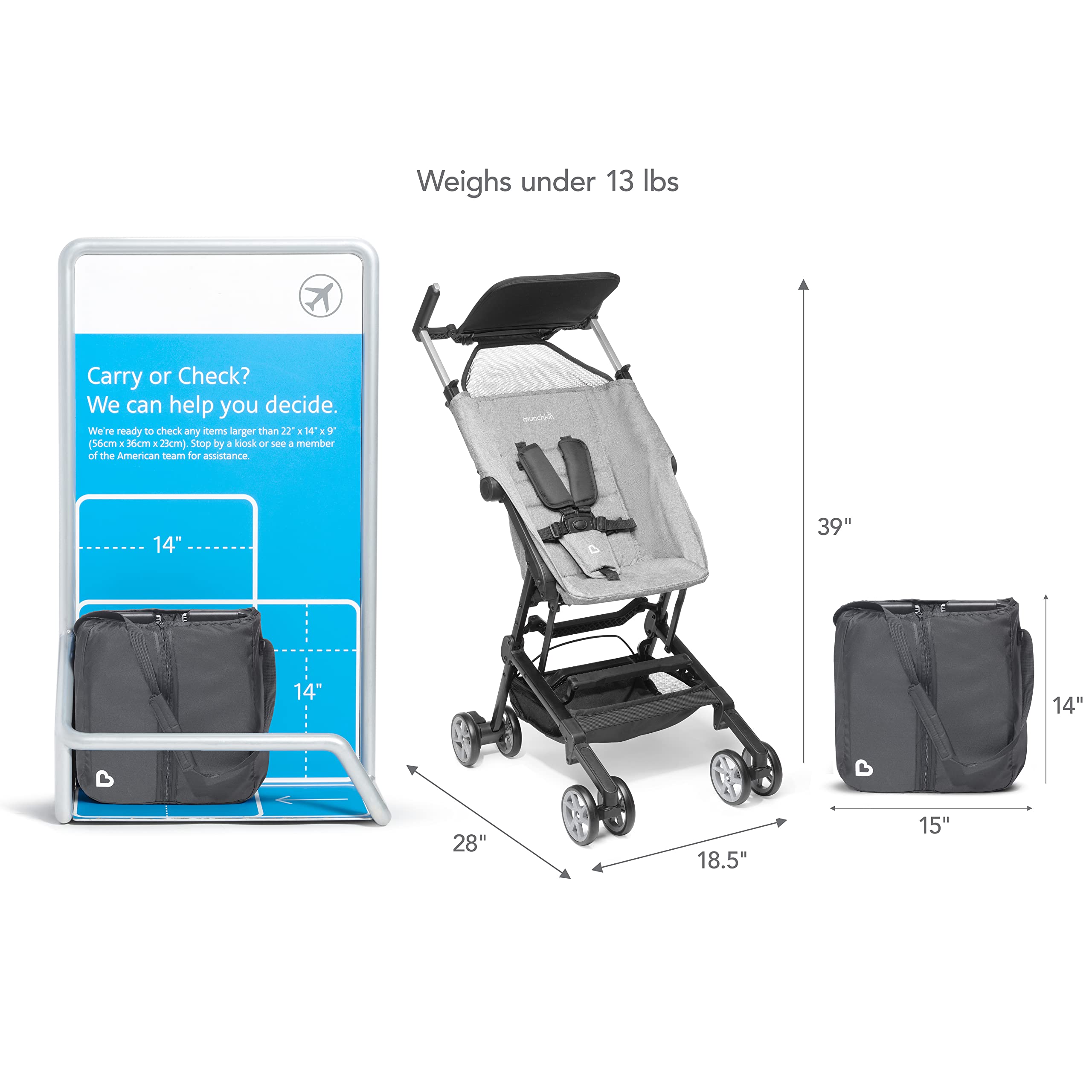 Munchkin Sparrow Travel Baby Stroller, Ultra Compact and Lightweight, for Babies and Toddlers, Grey