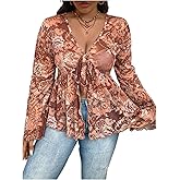 Floerns Women's Plus Size Boho Tops V Neck Bell Long Sleeve Tie Front Tee Shirts Concert Outfits