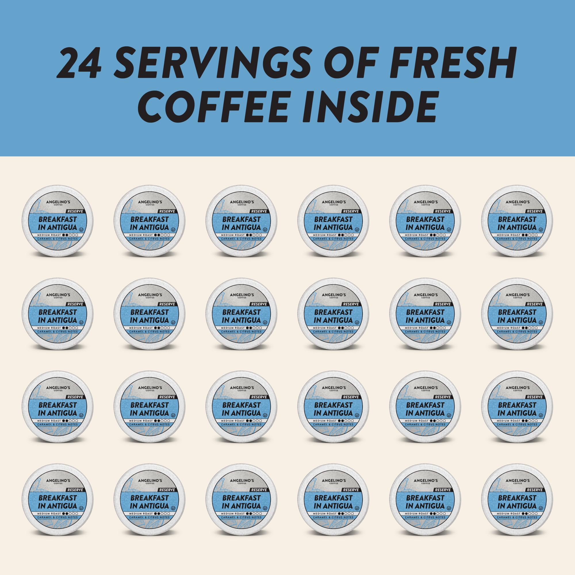 Angelino's Coffee Breakfast in Antigua Coffee Pods - Breakfast Blend Coffee K Cups Compatible, Medium Roast Coffee, Reserve, Chocolate & Caramel Notes, Citrus Hints, Guatemala Origin, 24 Count - Premium Breakfast Blend Coffee for Keurig Machines